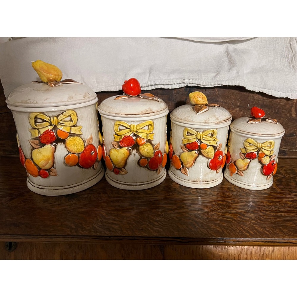VTG Napcoware Japan 4 Piece Ceramic Fruit Canister Set Cream Grannycore
